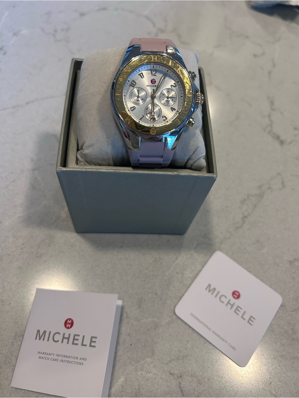 Michele Pink Strap Gold & Silver Chronograph Watch